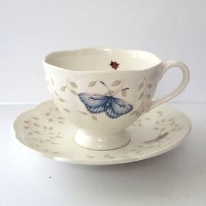 LENOX "BUTTERFLY MEADOW" CUP AND SAUCER, BUTTERFLIES, LADYBUG, GRASSHOPPER